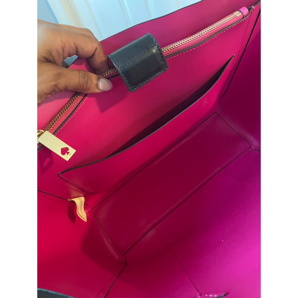 Kate Spade Black Leather Tote Bag Magenta Interior Gold Hardware Work Travel Bag - Picture 6 of 9